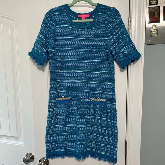 Lilly Pulitzer Beckington Sweater Dress in Blue Grotto Metallic Tweed M - Picture 2 of 4